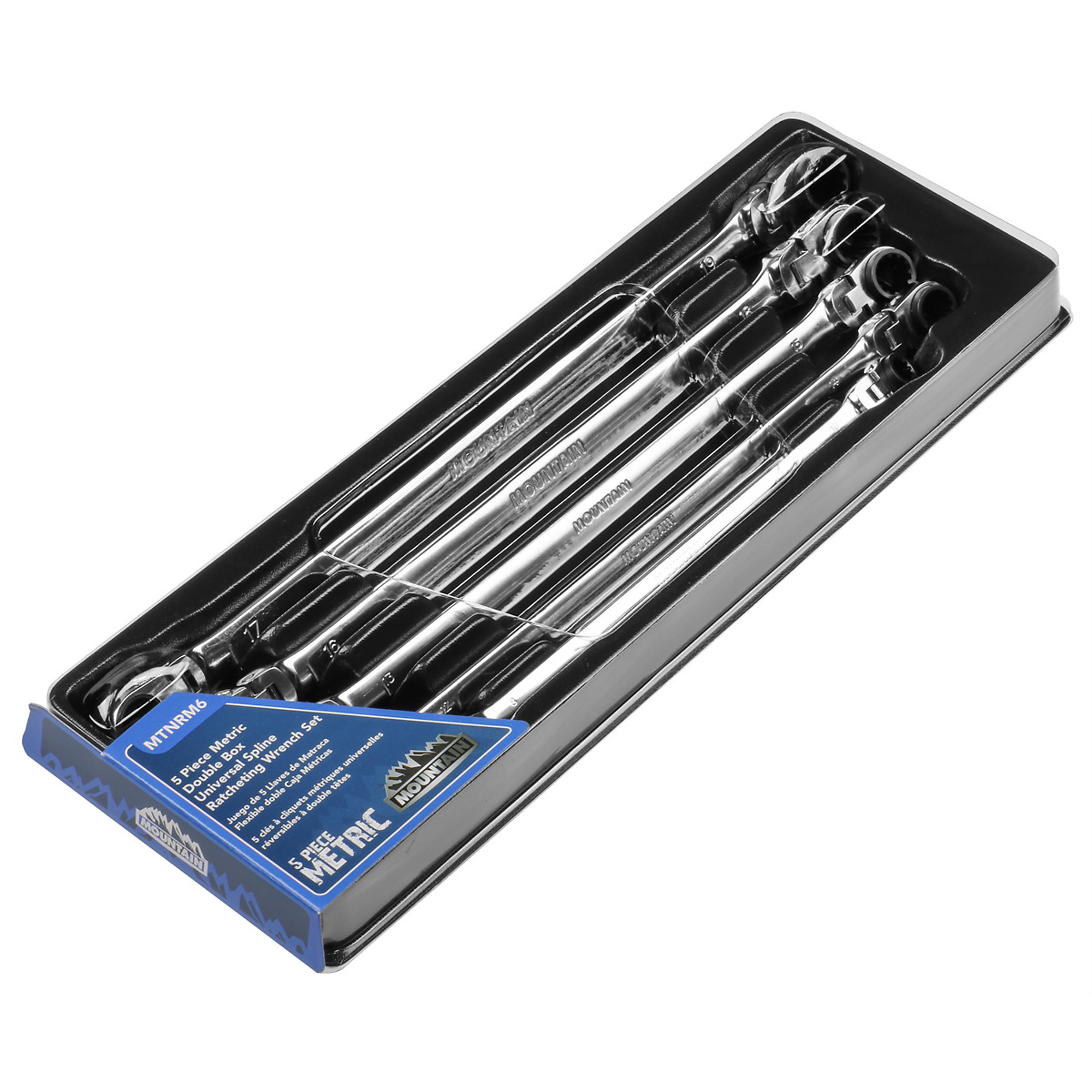 Mountain Ratcheting Wrench Set — 5-Piece, Metric, Double Box, Universal Spline, Reversible, 90-Tooth, Long, Flexible, Model# MTNRM6